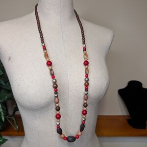 Long Wooden Bead Necklace with Red Accents | Boho Natural Wood Necklacs